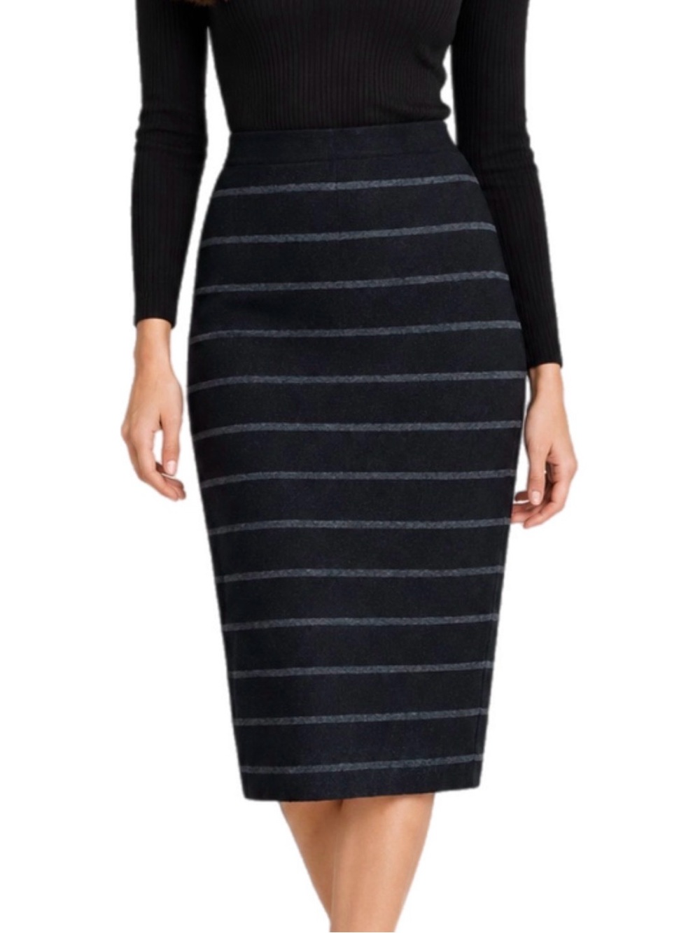 L Max Studio Black Midi Pencil Skirt Gray Stripes Winter Business Casual Cotton